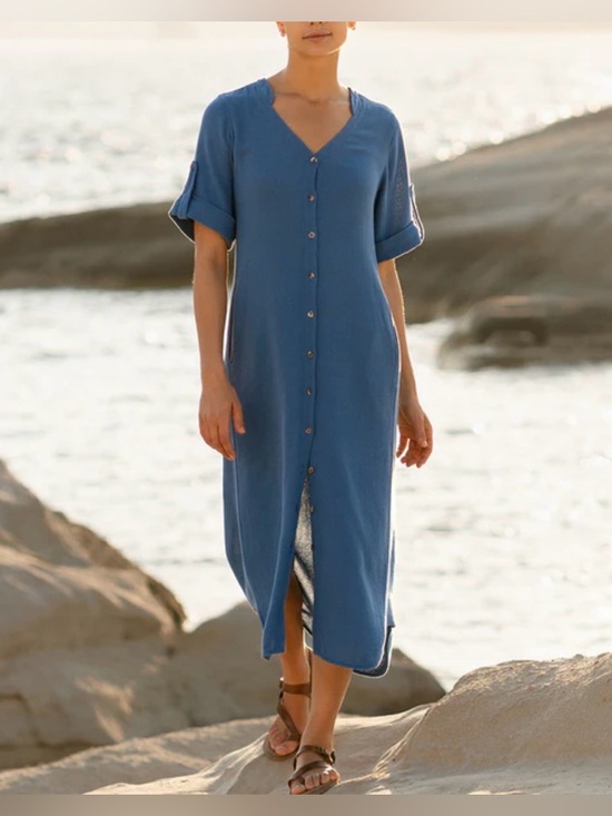 Nomad Dresses & Skirts - Nomad Blue Button-Front Athena Cotton Dress Aegean Blue M